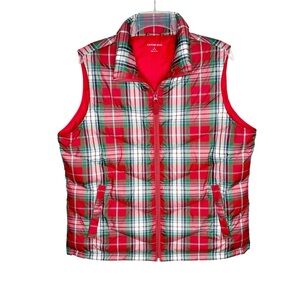 Lands' End Women's Puffer Vest, L (14-16) Red Green White Plaid, Down